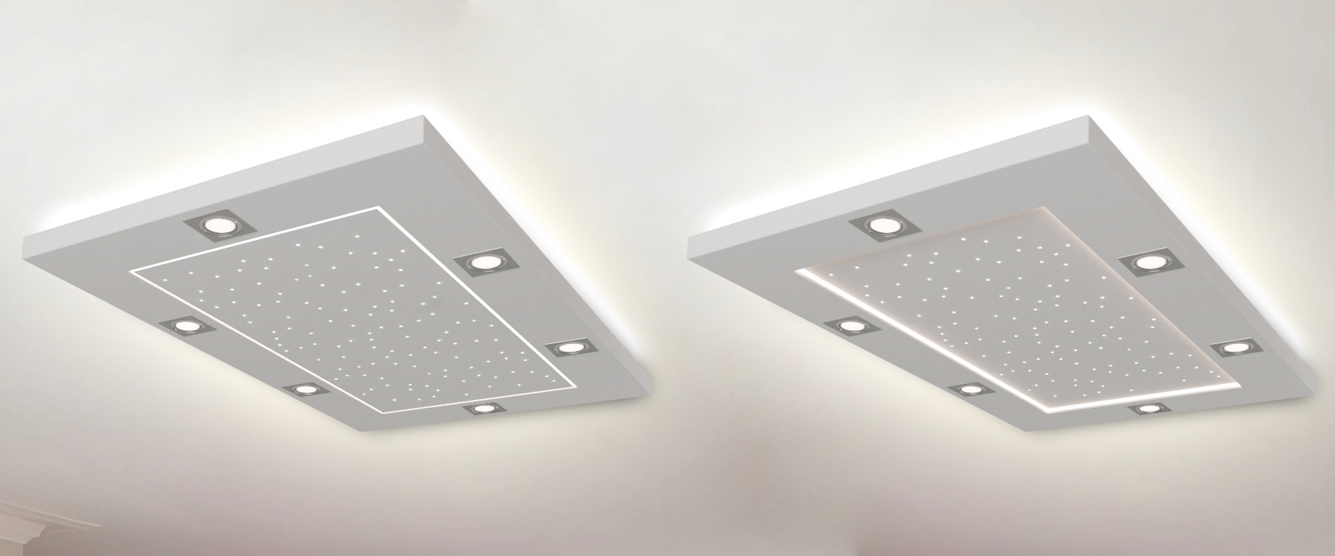 Plafonniers multi-éclairages LED spots périphériques ciel étoilé double position encastré/affleurant